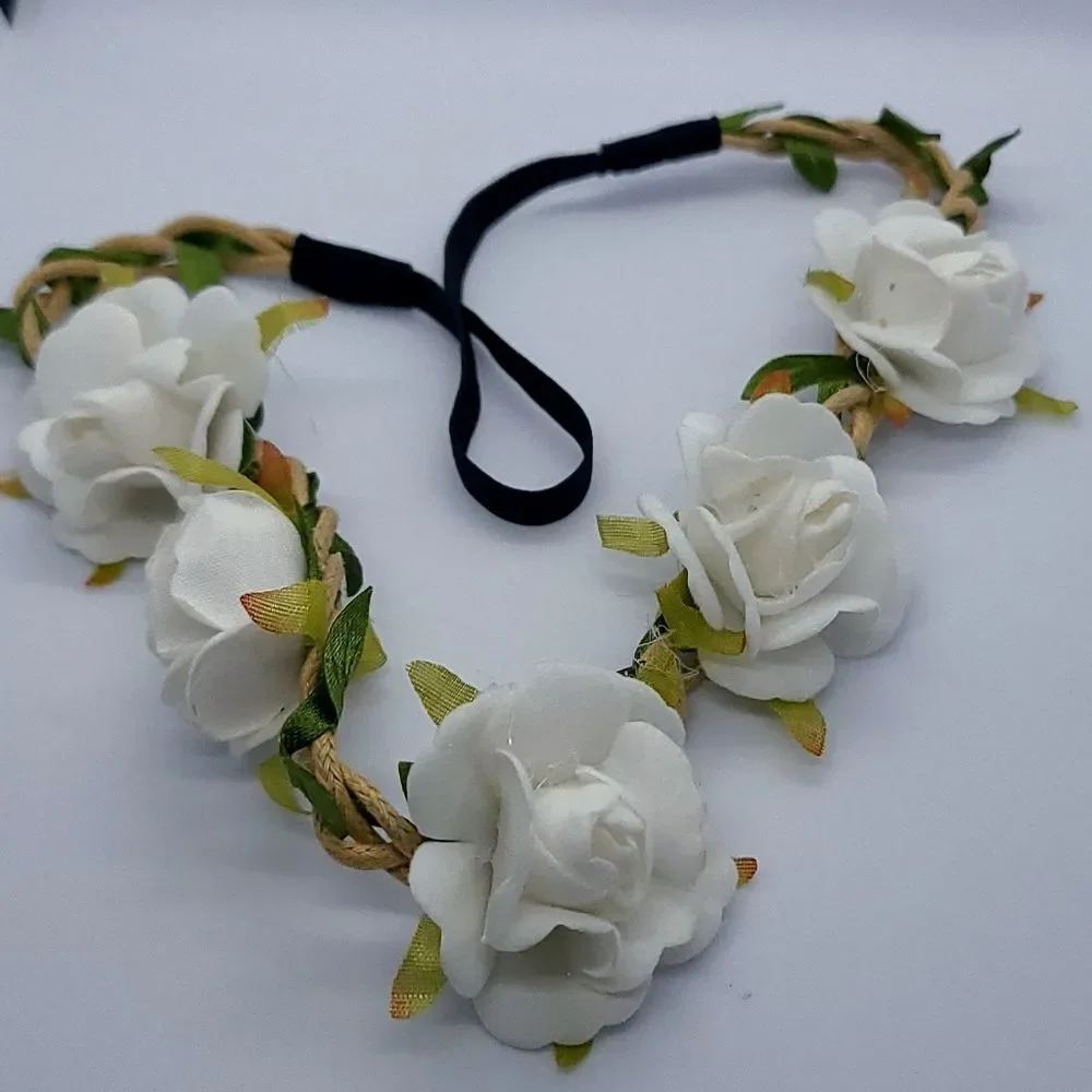 White Rose Halo Boho Fairy Rustic Wedding Flower Girl Bride Flower Headband